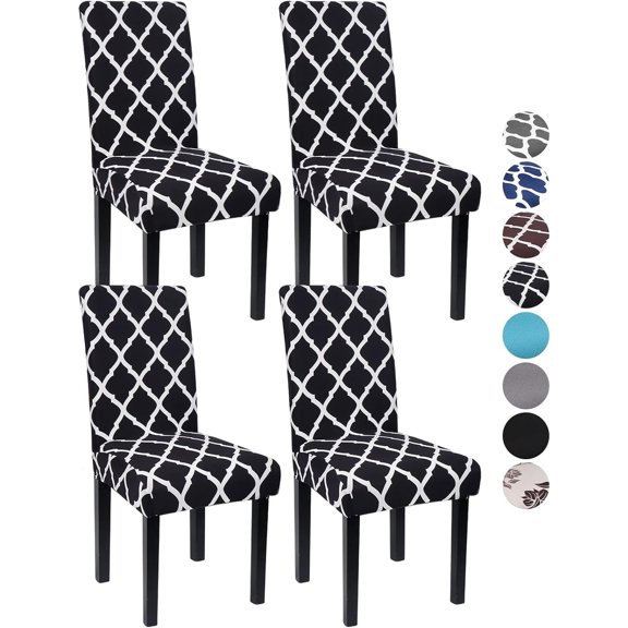 Dining Room Chair Covers Set of 4, Washable Kitchen Seat Protector, Removable Printed Stretchable Parsons Chair Slipcover for Room, Office, Hotel, Ceremony(03# Black)