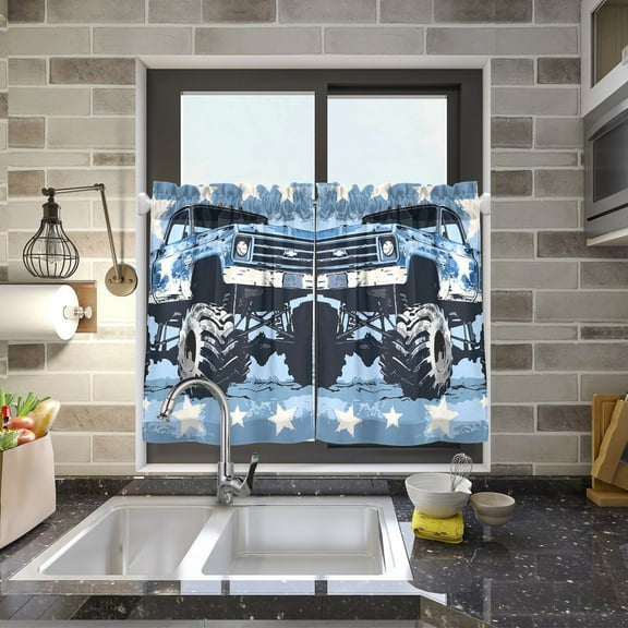 Blue Monster Truck Kitchen Curtains Half Tier Curtain 2 Rod Pockets Bathroom Bedroom Cupborad Living Room 27"x24"