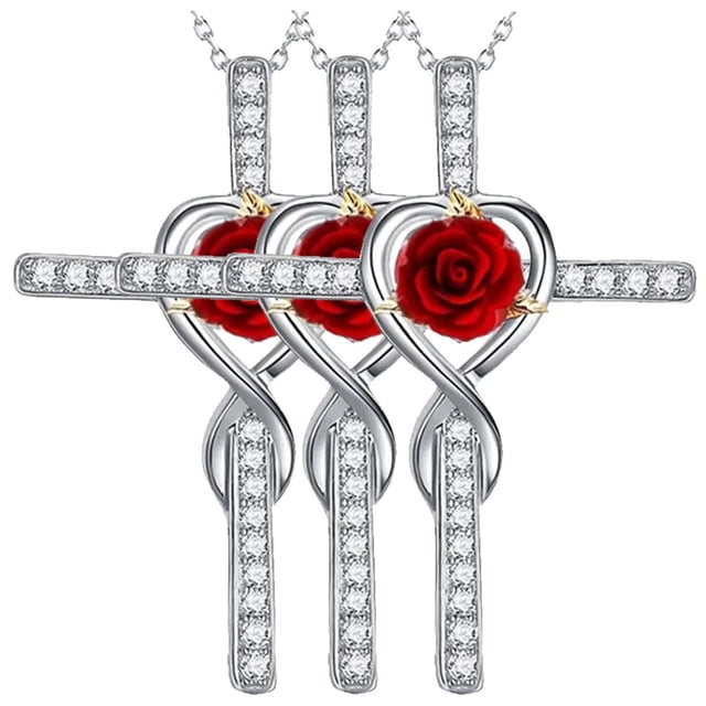 Collares de Religiosas High Monaco RoseGrace04 3Pzas Plata Collar Cruz/Rosa Infinita 2x3cm