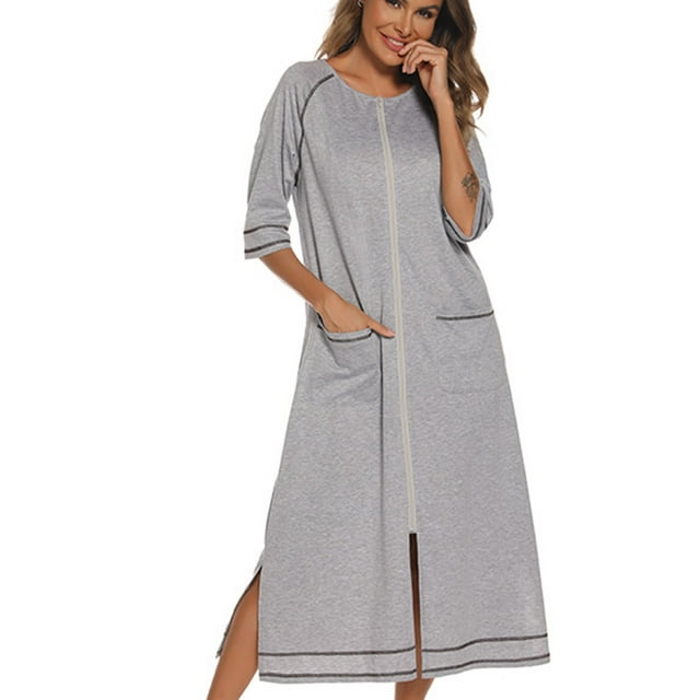 KIHOUT Women Robes Zipper Front 3/4 Sleeve Housecoat with Pockets Solid Color Sleepwear S-2XL