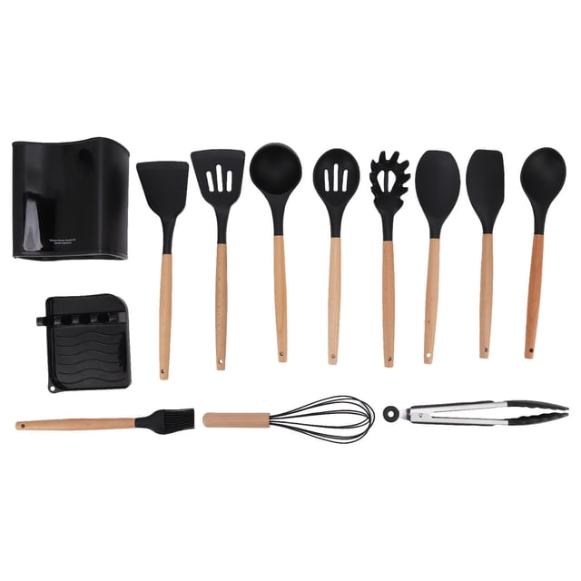 Dekaim Batterie de Cuisine de Pique-Nique, 13pcs Batterie de Cuisine de Camping résistant à la Chaleur Manche en Bois sans Odeur Noir kit de Batterie de Cuisine de Pique-Nique avec boîte de Rangement