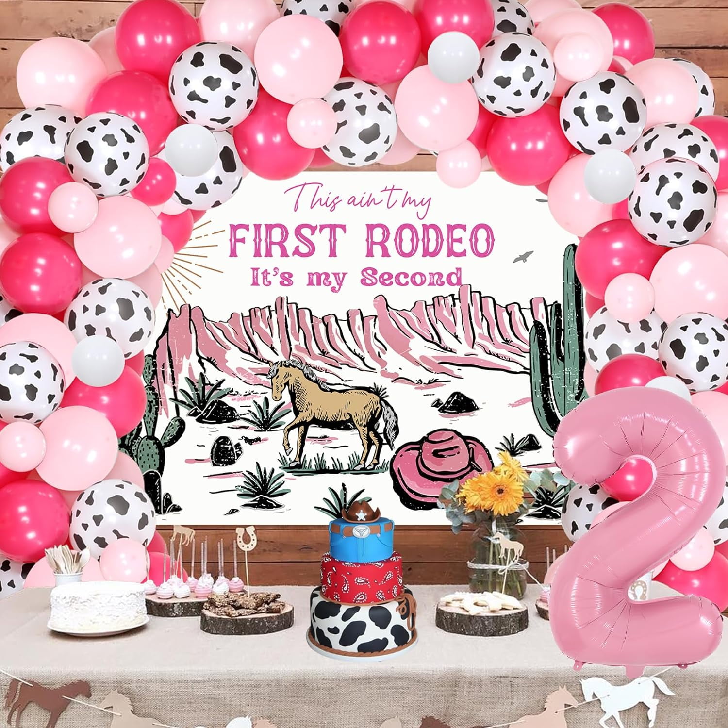 Cowgirl 2nd Birthday Decorations This ain't My First Rodeo Its My Second Backdrop Banner Pink Cow Balloon Arch Kit Number 2 Foil Balloon for Western Cowgirl 2nd Wild West Second Birthday