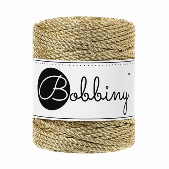 Cuerda de macramé Bobbiny 3 mm, 3 cabos, metálica dorada, 50 m