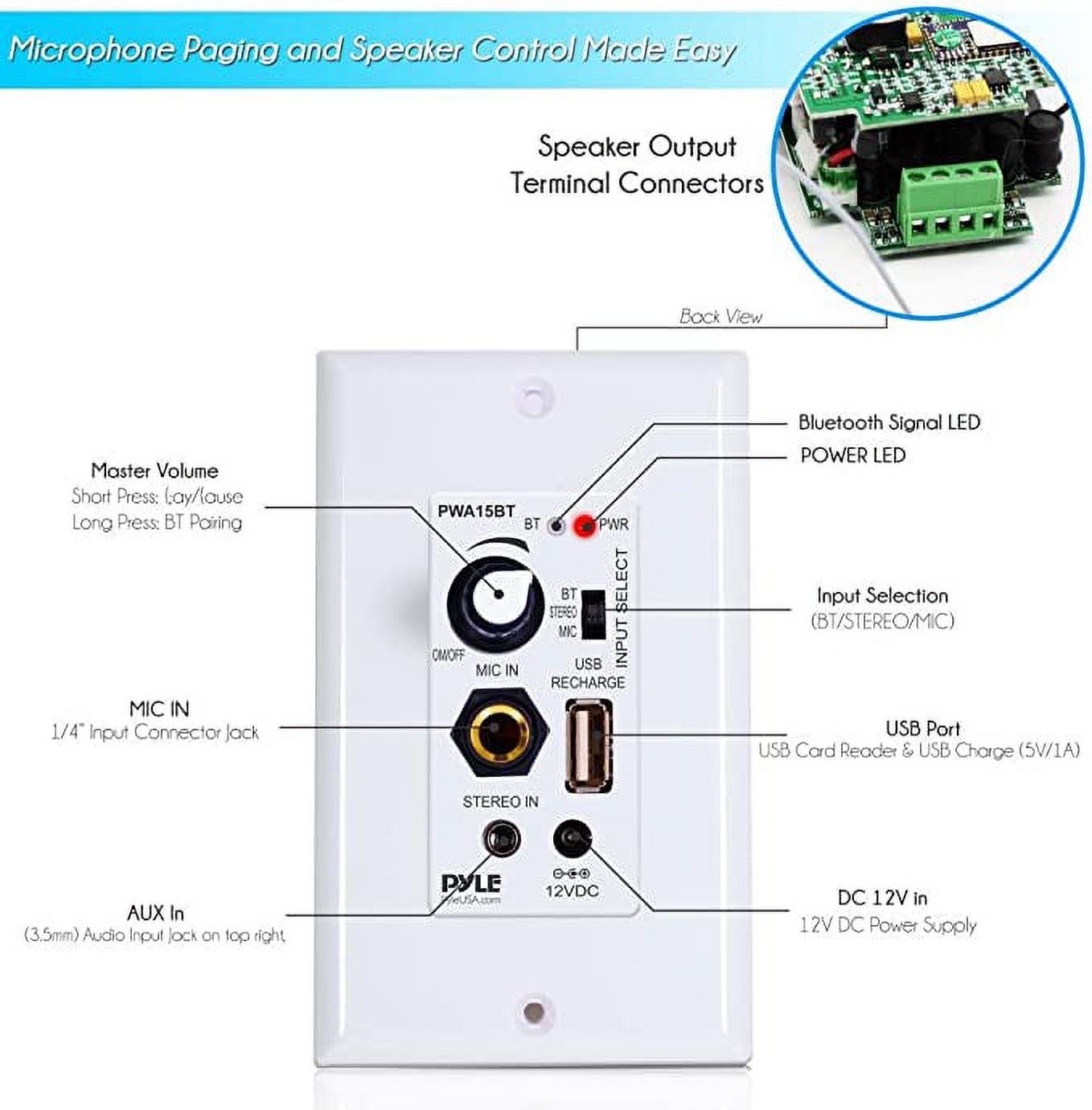 Pyle Wireless Receiver Wall Mount 100W In-Wall Audio Control Receiver W/ Built-in Amplifier White - image 3 of 5