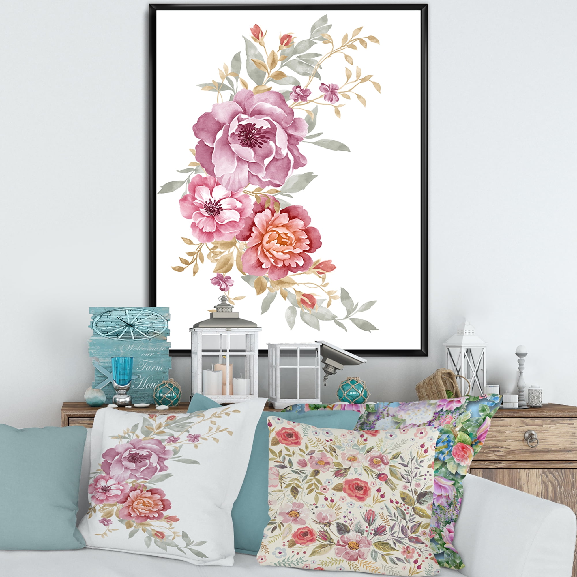 Designart 'Bouquet of Purple and Pink Flowers III' Farmhouse Framed Canvas Wall Art Print
