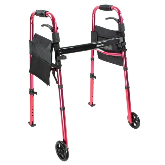 Dynarex Travel Walker with Wheels is Lightweight with Ski Glide Tips to Glide over Surfaces, Folds Easily for Travel, has a 300 Pound Weight Capacity, Red, 1 Travel Walker with Wheels