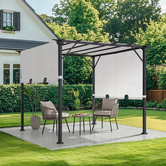 Sunjoy 9 x 9 ft. Pergola, Outdoor Patio Matte Black Steel Classic Frame Pergola with Retractable White Canopy Shade for Backyard, Garden Activities, White