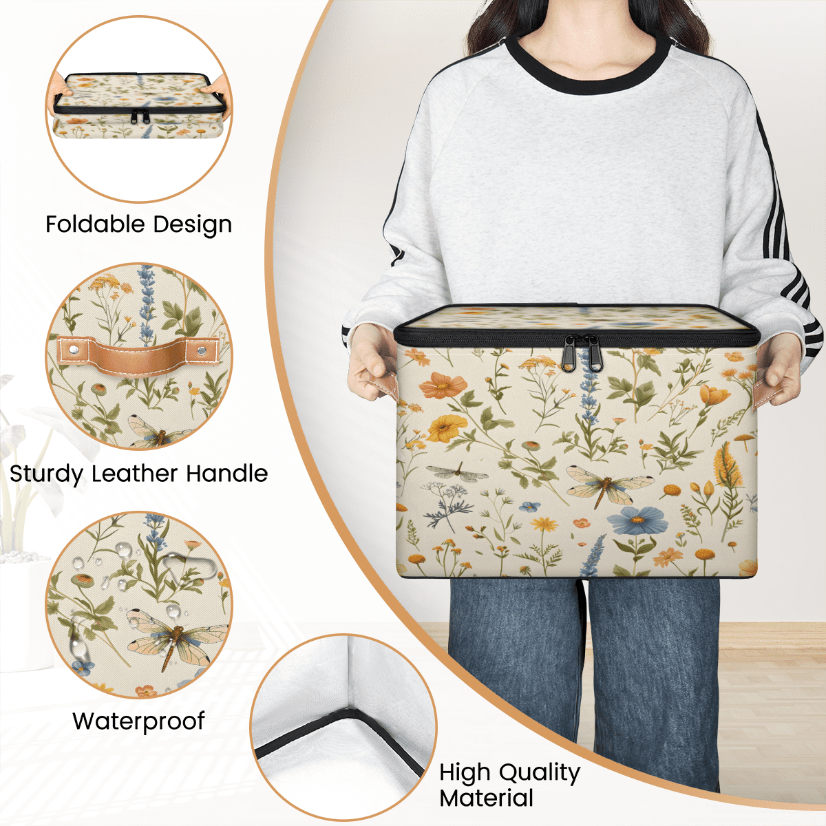 CURLYOOT Watercolor Floral Dragonfly Storage Bin with Zipper Lid, Fabric Decorative Lidded Storage Baskets Boxes, Foldable Organizer Container Basket for Bedroom Closet Shelf