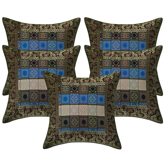 Stylo Culture Indian Decorative Throw Pillow Covers 16 x 16 Jacquard Black Traditional 40 x 40 cm Home Decor Brocade Floral Zippered Square Cushion Covers | Set Of 5