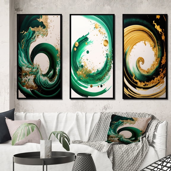 Designart "Emerald and Gold Wave Abstraction IV" Modern Framed Wall Art Set Of 3 - Green Abstract Spirals Frame Canvas Set For Living Room Decor