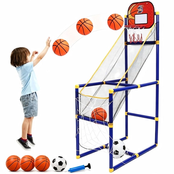Gemeer Kids Basketball Hoop Arcade Game, 2 in 1 Sports Indoor Outdoor Basketball, Kid Sport Toys with 4 Balls & Inflatable Balls Pump, for Boys and Girls