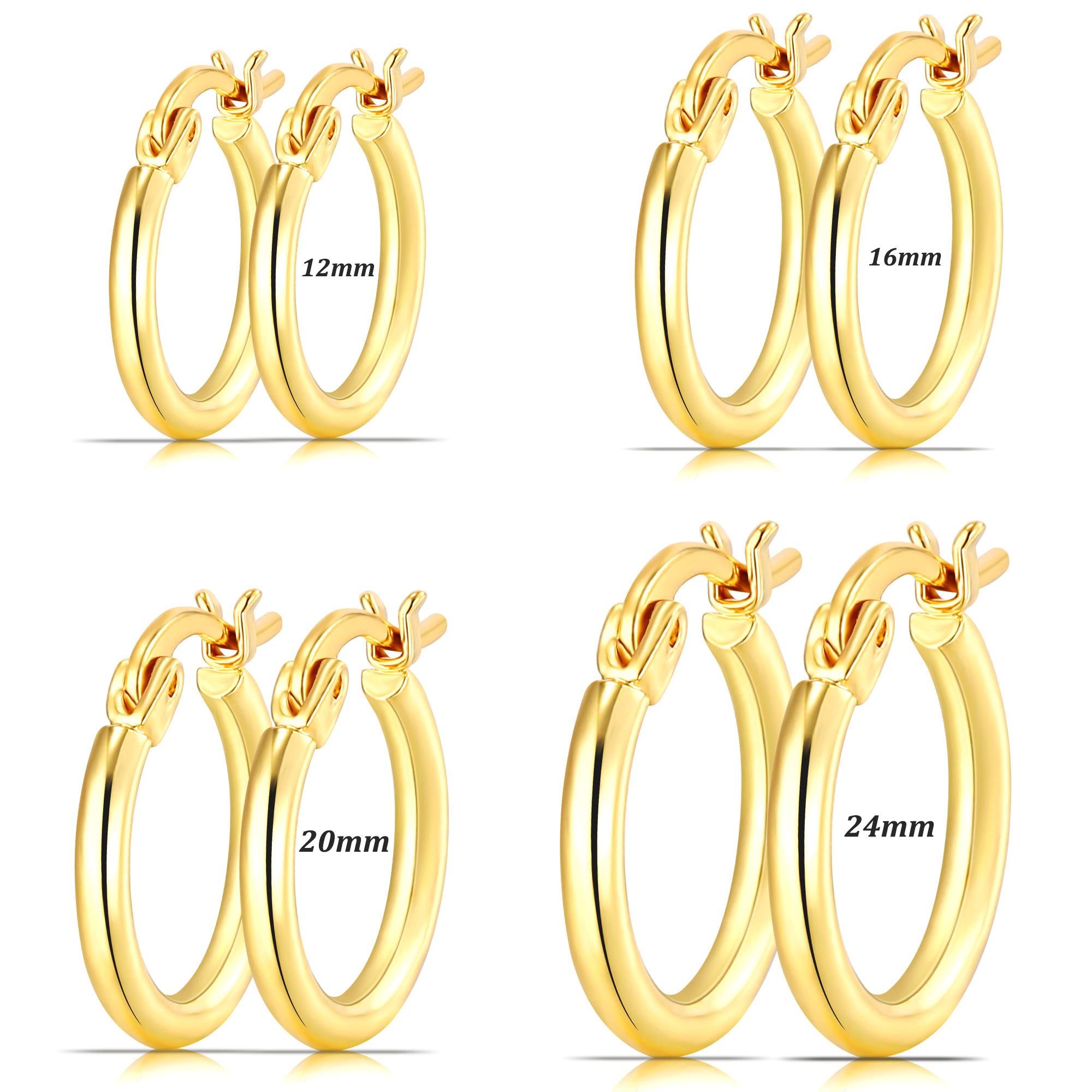 APSVO 4 Pairs 18K Gold Plated Hoop Earrings for Women Post Huggie Hypoallergenic Earrings Set for Multiple Piercing Birthday Graduation Jewelry Gifts Her Teen Mom Wife Ideas 12/16/20/24MM