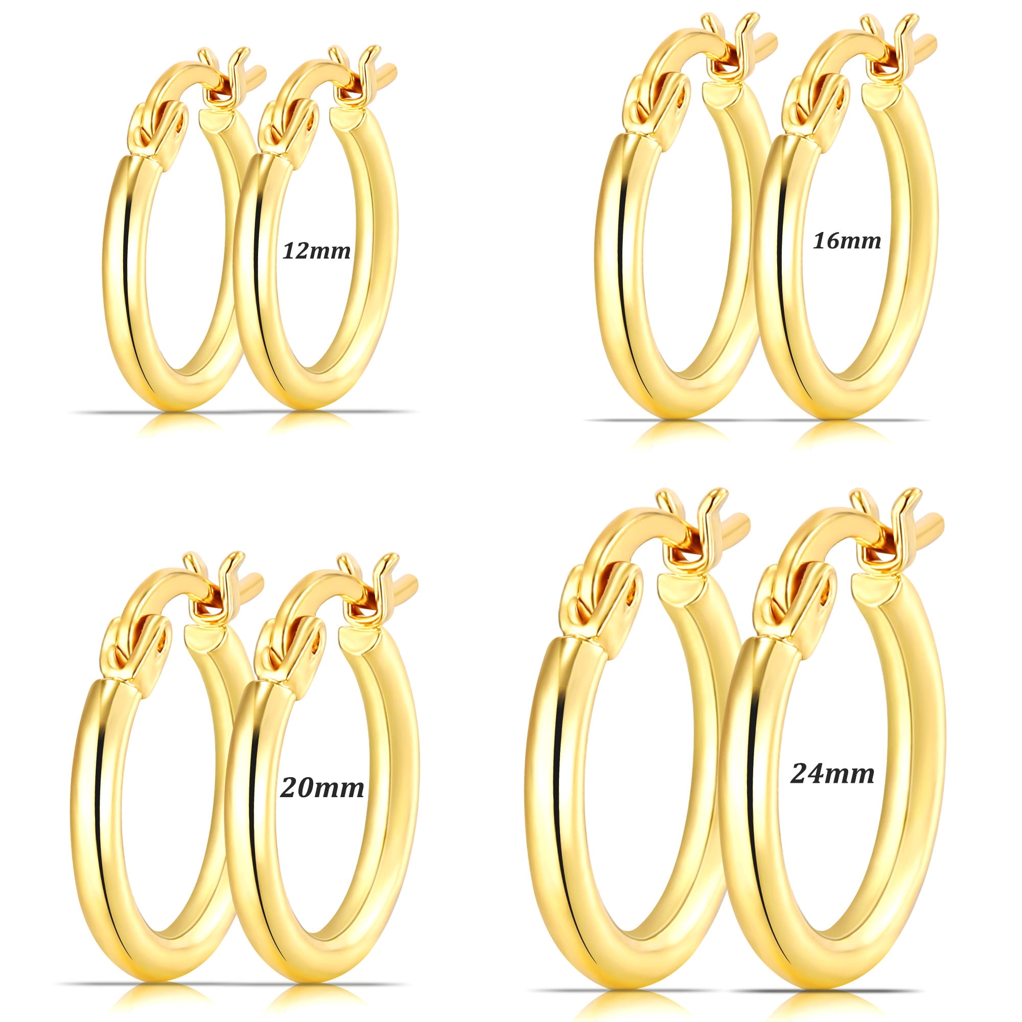 APSVO 4 Pairs 18K Gold Plated Hoop Earrings for Women Post Huggie Hypoallergenic Earrings Set for Multiple Piercing Birthday Graduation Jewelry Gifts Her Teen Mom Wife Ideas 12/16/20/24MM