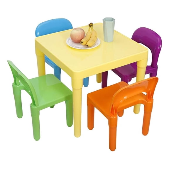 SONGMY Kids Plastic Table and 4 Chairs Set - Multicolor Children's Play Room Furniture for Reading, Art & Crafts Activities