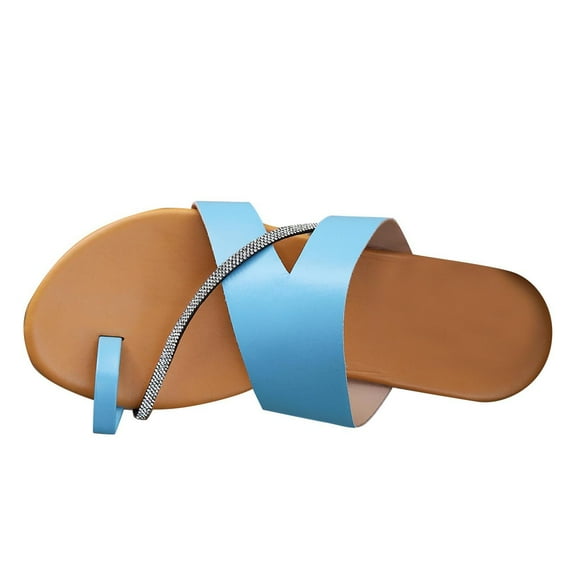 Virmaxy Womens Flat Sandals Summer New Large Size One Line Set Toe Flat Rhinestones Large Size Outside To Wear Beach Sandals Blue 36