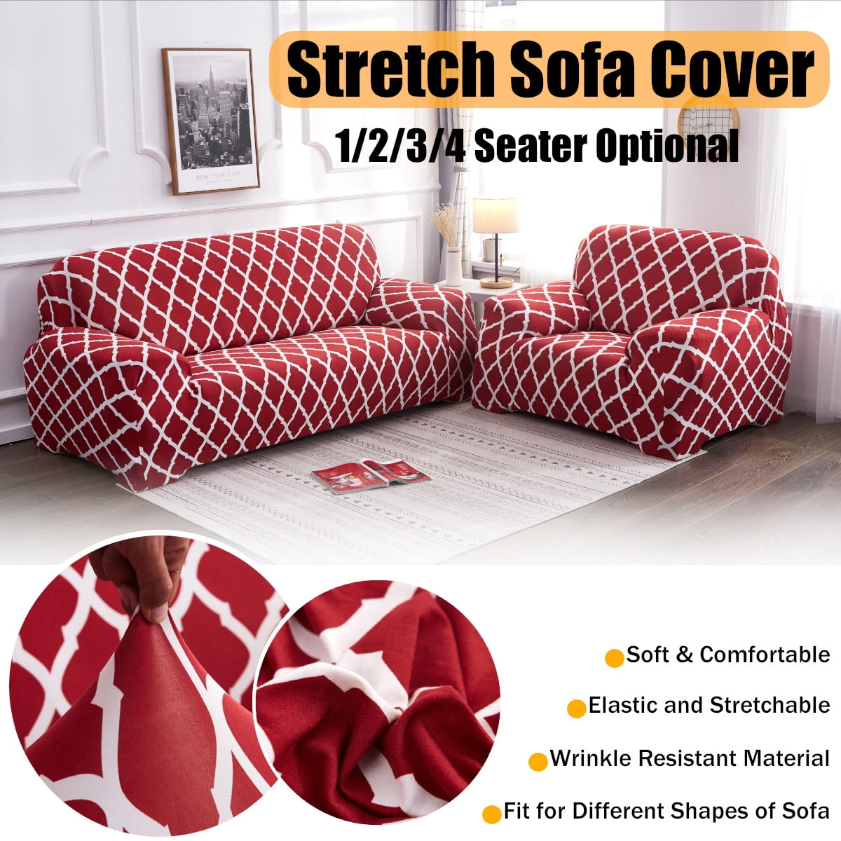 4pcs Stretch Sofa Couch Bench Seat Cushion Slipcover Cover Protector Red