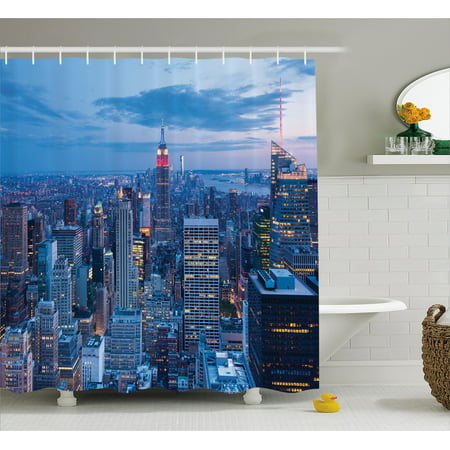 New York Shower Curtain, Aerial Night View of NYC with Dusk Sky Cloudy Sunset in City Fashion Capital Art Photo, Fabric Bathroom Set with Hooks, Blue, by