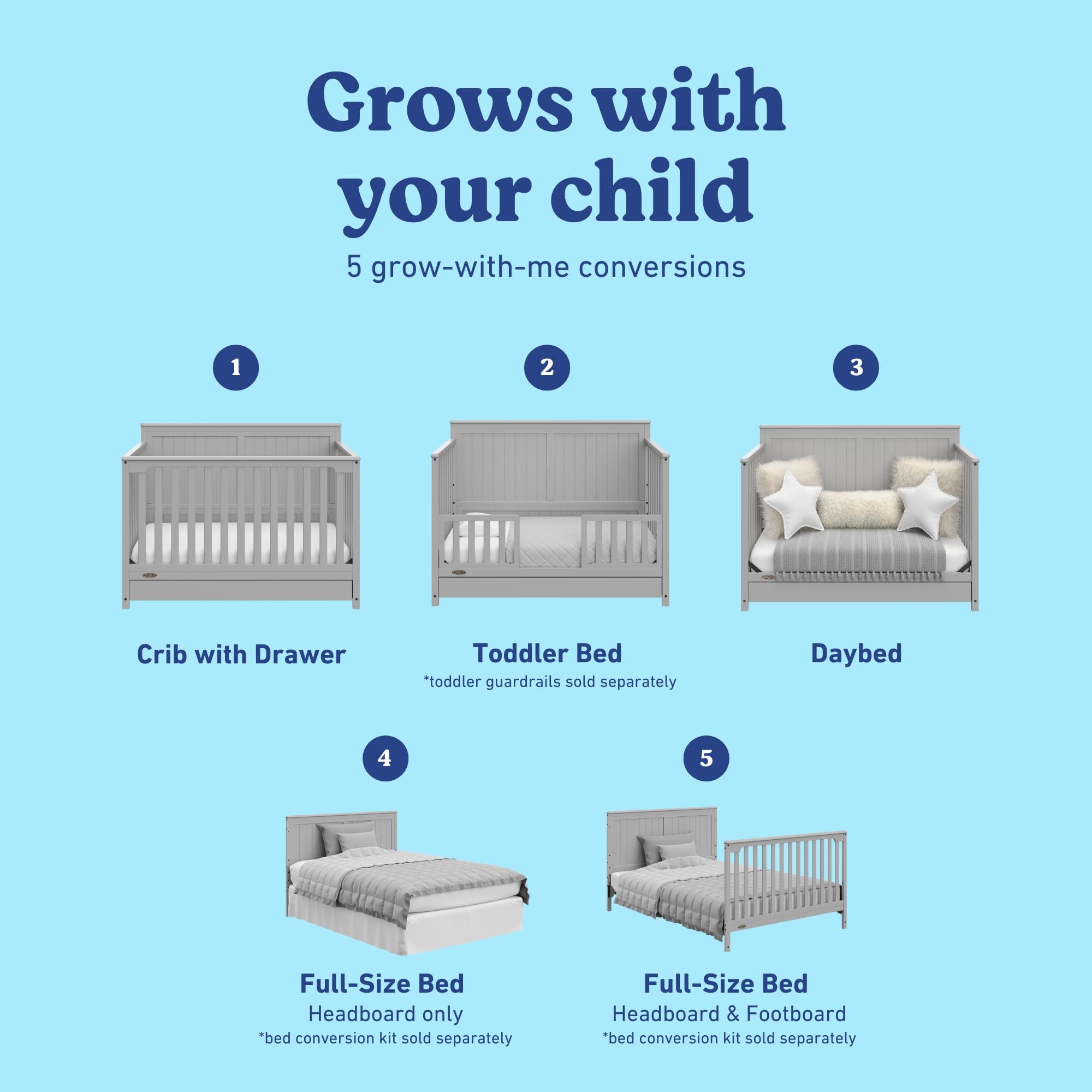 Graco Hadley 5-in-1 Convertible Baby Crib with Drawer, Pebble Gray