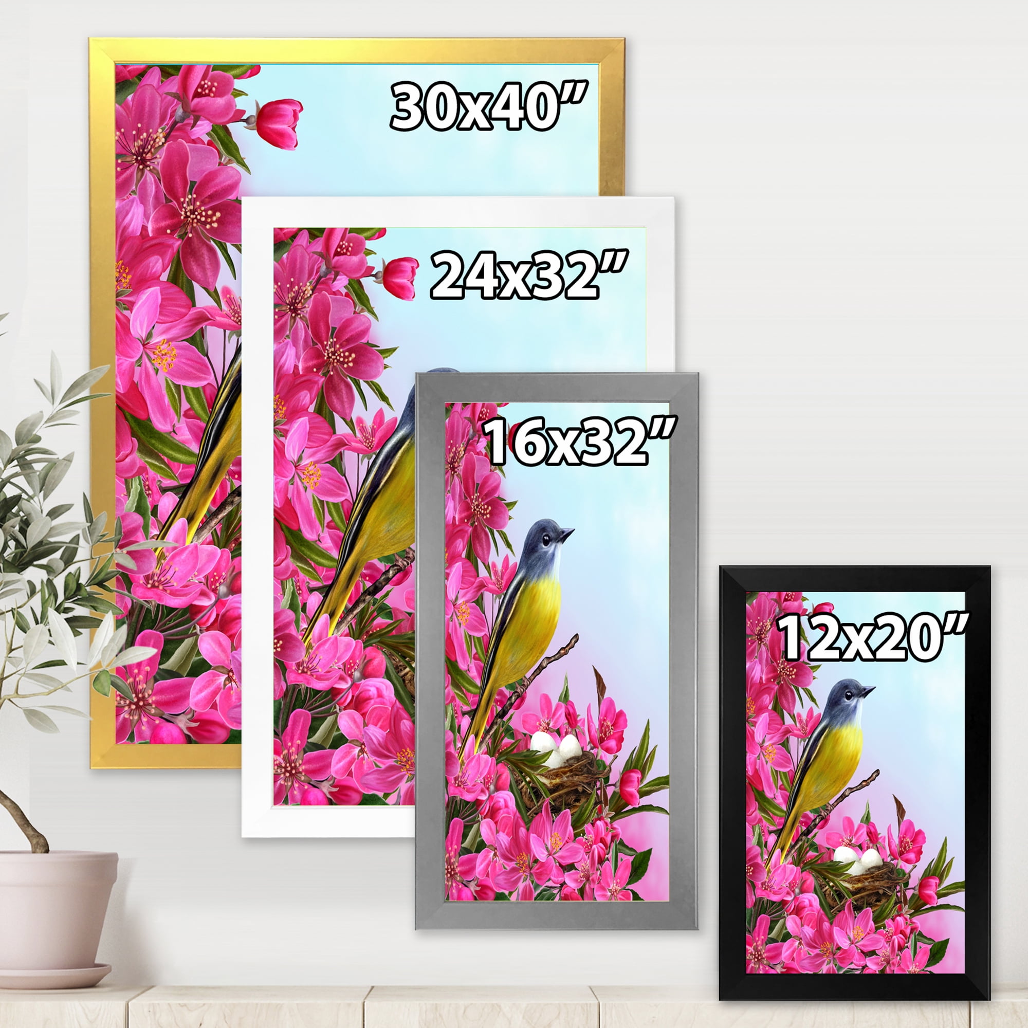 Designart 'Little Yellow Bird Near The Nest with Pink Flowers' Traditional Framed Art Print