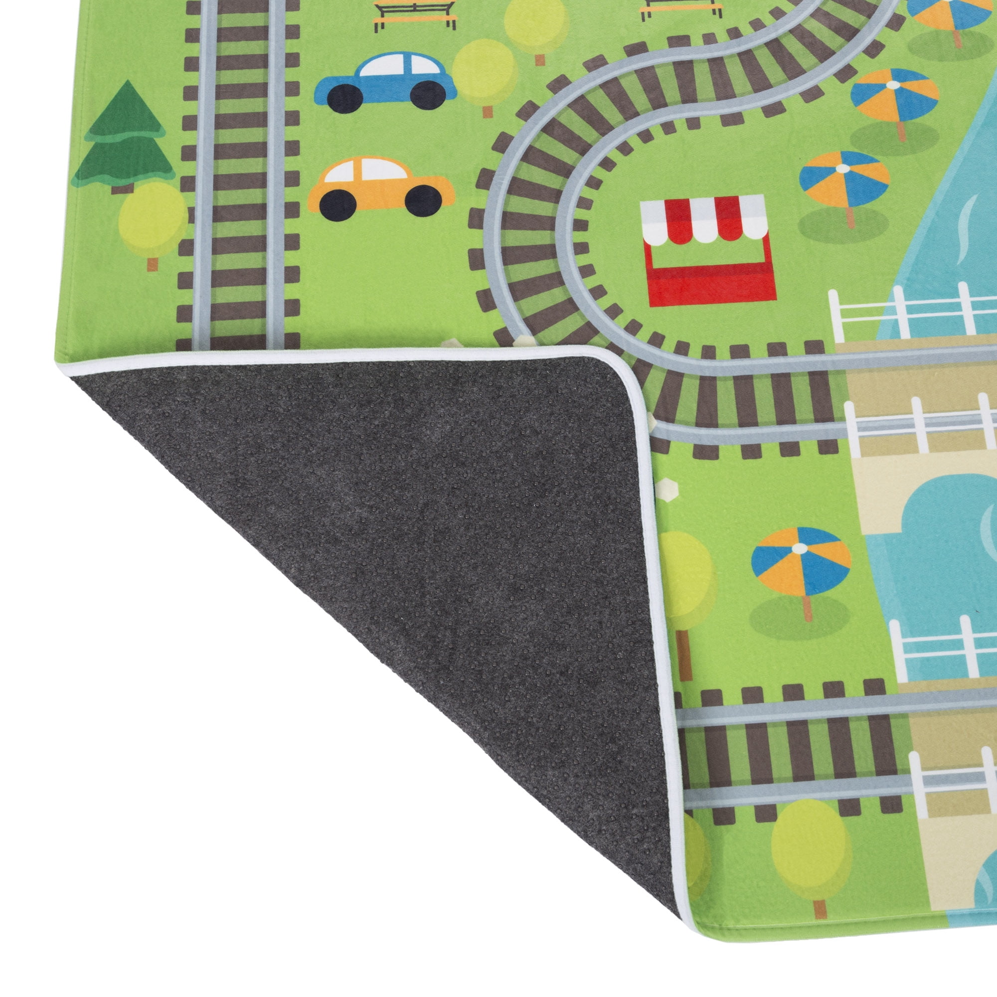 Train Scene Fleece Baby Play Mat for Kids, Foam Mat with Non Slip Back by Hey! Play!