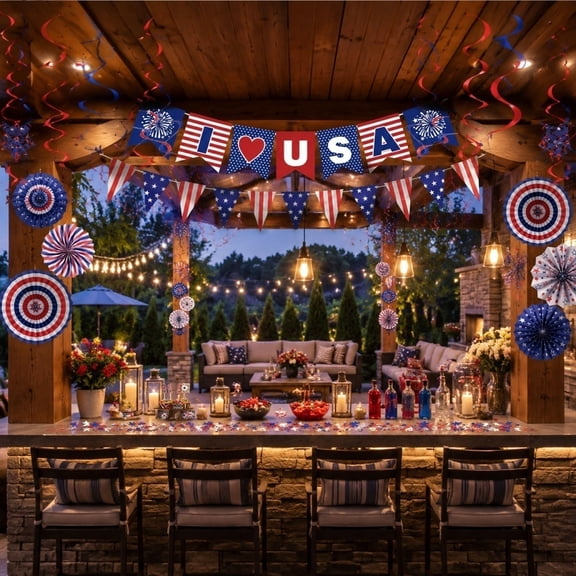 erdimoy 4th of July Patriotic Party Decor Kit, Hanging Fans, Streamers, Banners & Confetti Set