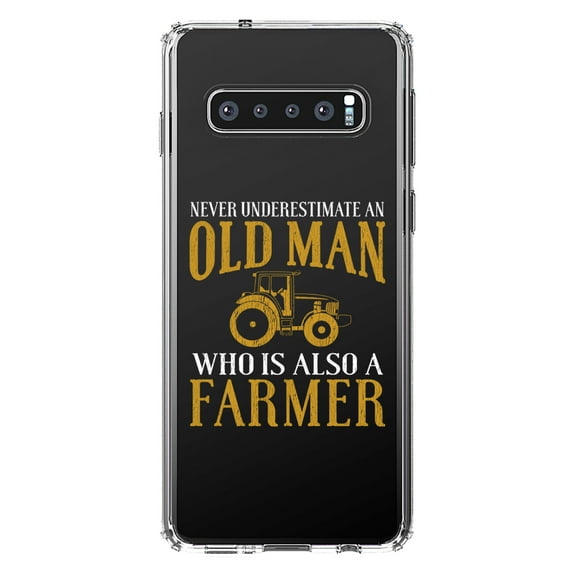 DistinctInk Clear Shockproof Hybrid Case for Samsung Galaxy S10  PLUS (6.4" Screen) - TPU Bumper Acrylic Back Tempered Glass Screen Protector - Never Underestimate Old Man Farmer