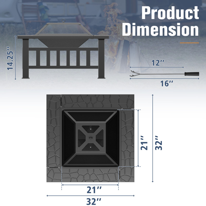 Devoko Outdoor 32" Square Metal Fire Pit with Cover and Poker, Matte Black