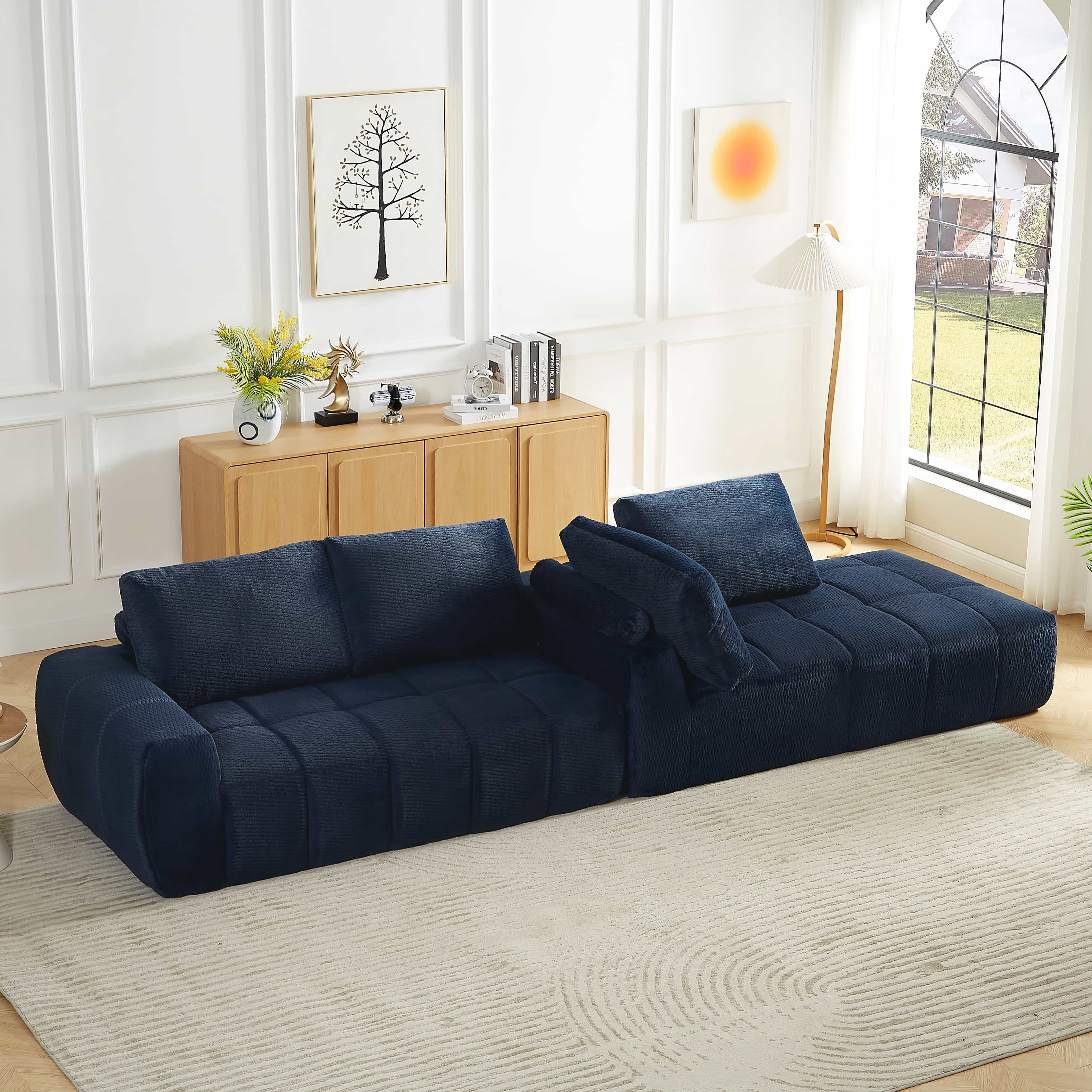 MAYEERTY Faux Fur L-Shape Oversized Sectional Sofa, Minimalist & Comfy Sleeper Couch for Living Room, 111×76" Blue