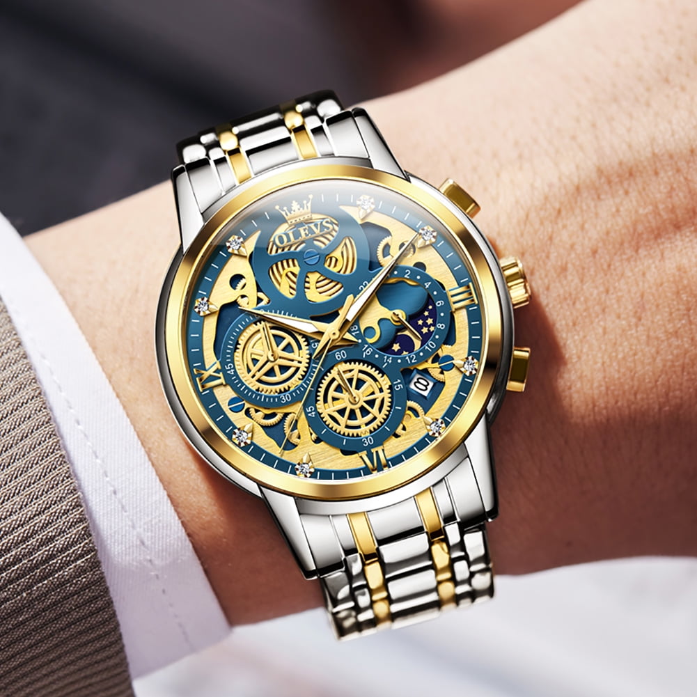 OLEVS Watches for Men Business Dress Luxury Analog Quartz Chronograph Two Tone Gold Plated Stainless Steel Waterproof Luminous Date Casual Mens Wrist Watches Reloj Para Hombre