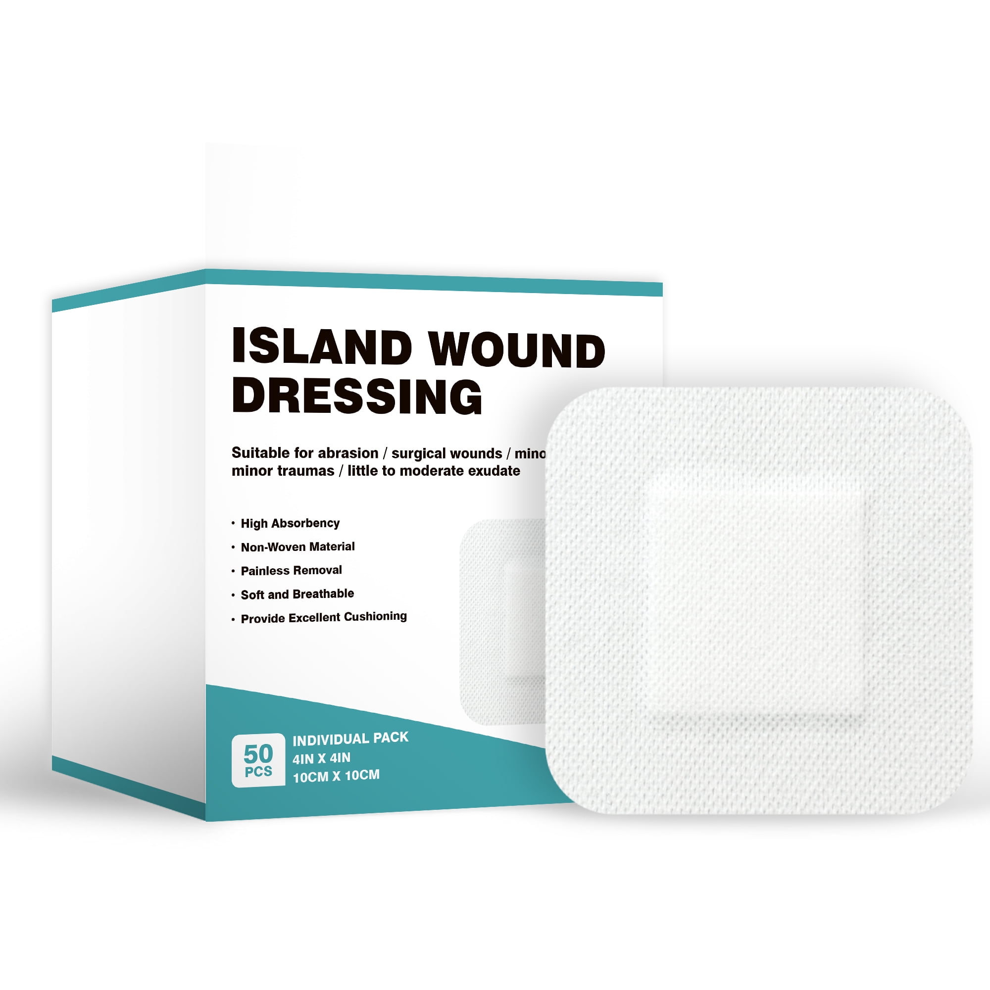 Island Dressing 4"x4", 50 Individual Pack, Non-woven Bordered Gauze Pads, Non-Stick Pad in Center with Adhesive Border, Highly Absorbent Bandages for Wounds, First Aid, Ultra Soft and Breathabl