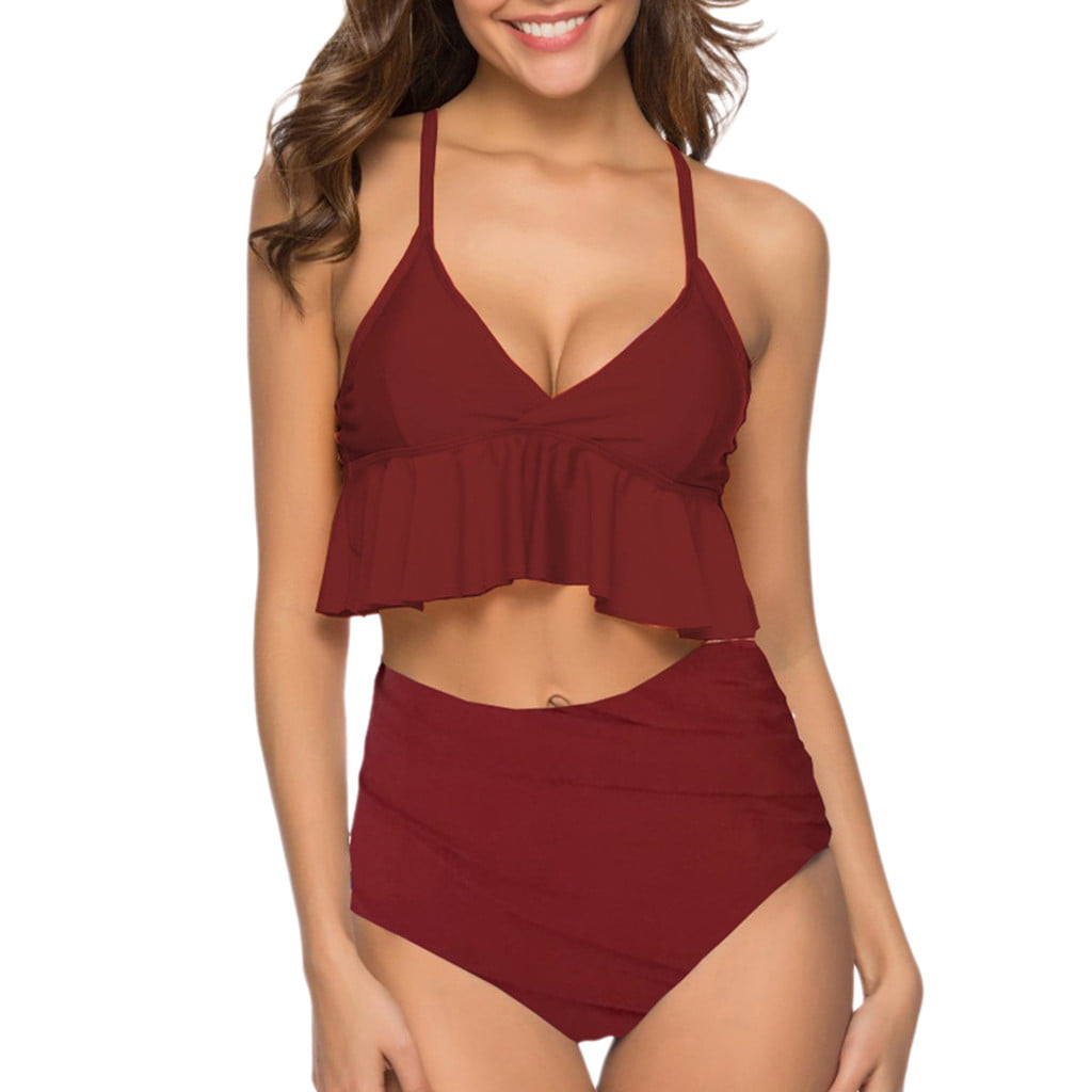 Swimsuits 2 Pieces,Women Two Pieces Bathing Suits Top Ruffled with High Waisted Bottom Bikini Set