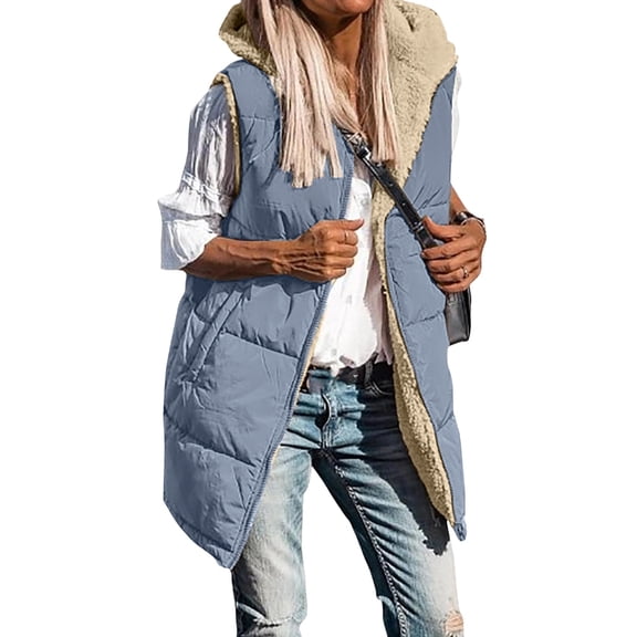 Women's Double Sided Hooded Vest Sleeveless Fleece Lined Cold Weather Outerwear