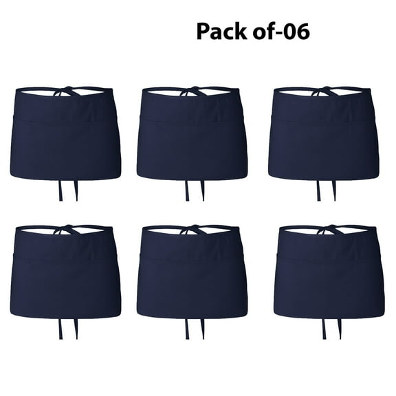 Kitchen Apron with Pockets Navy Waist Apron Side Ties for Q-Tees | 7.5 Oz 55/45 Cotton/polyester, Three-Section Front Pouch Pocket | Unisex 6 Pack Size (24"w X 12"L)