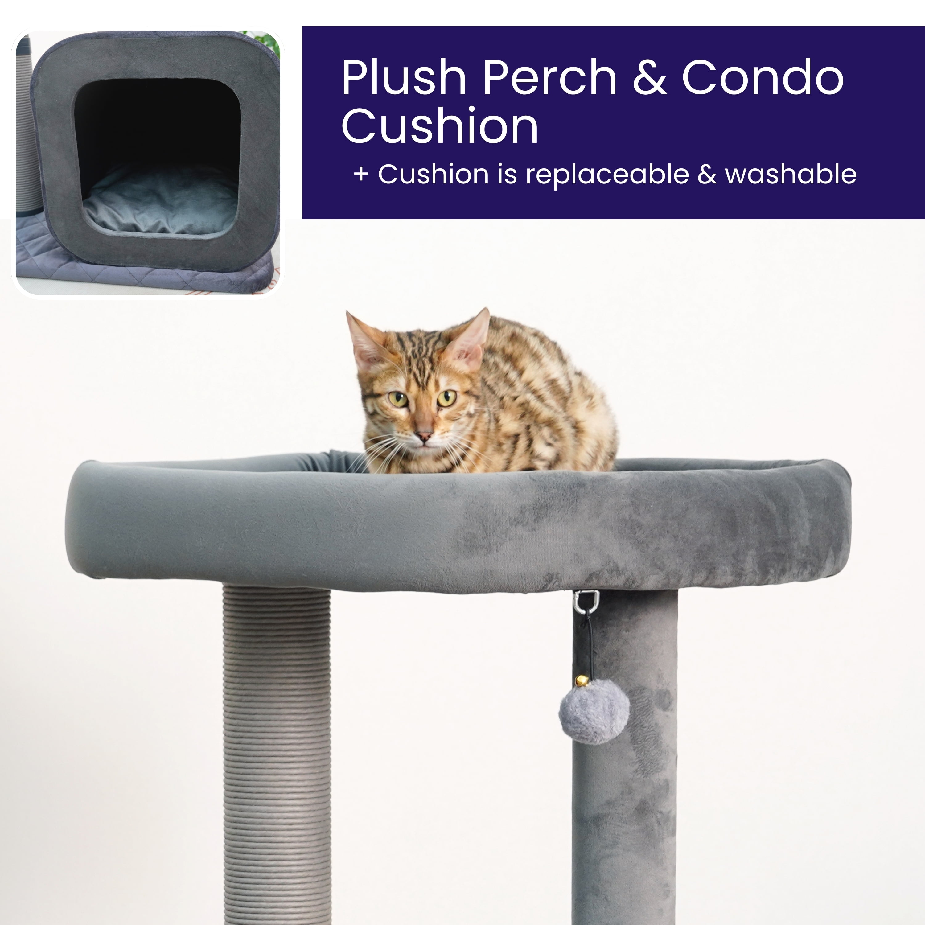 Catry Modern Medium Cat Tree with Large Base Condo, Top Bed, Scratching Post, Self Grooming Brush