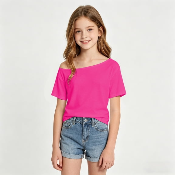 YaEYa Girls Off The Shoulder Tops Short Sleeve Oversized Tshirts Summer Casual Loose Fit Basic Tees Y2K Going Out Tops