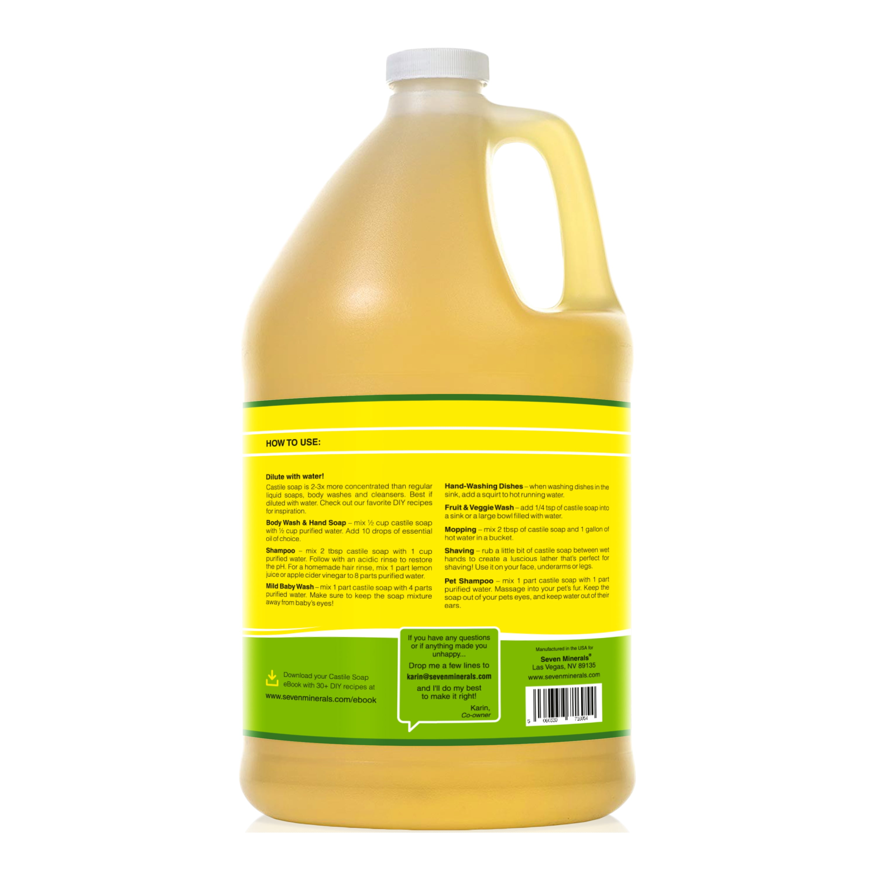 Seven Minerals EWG verified Castile Soap, Unscented, Baby-Safe, No Palm Oil, 64 fl oz