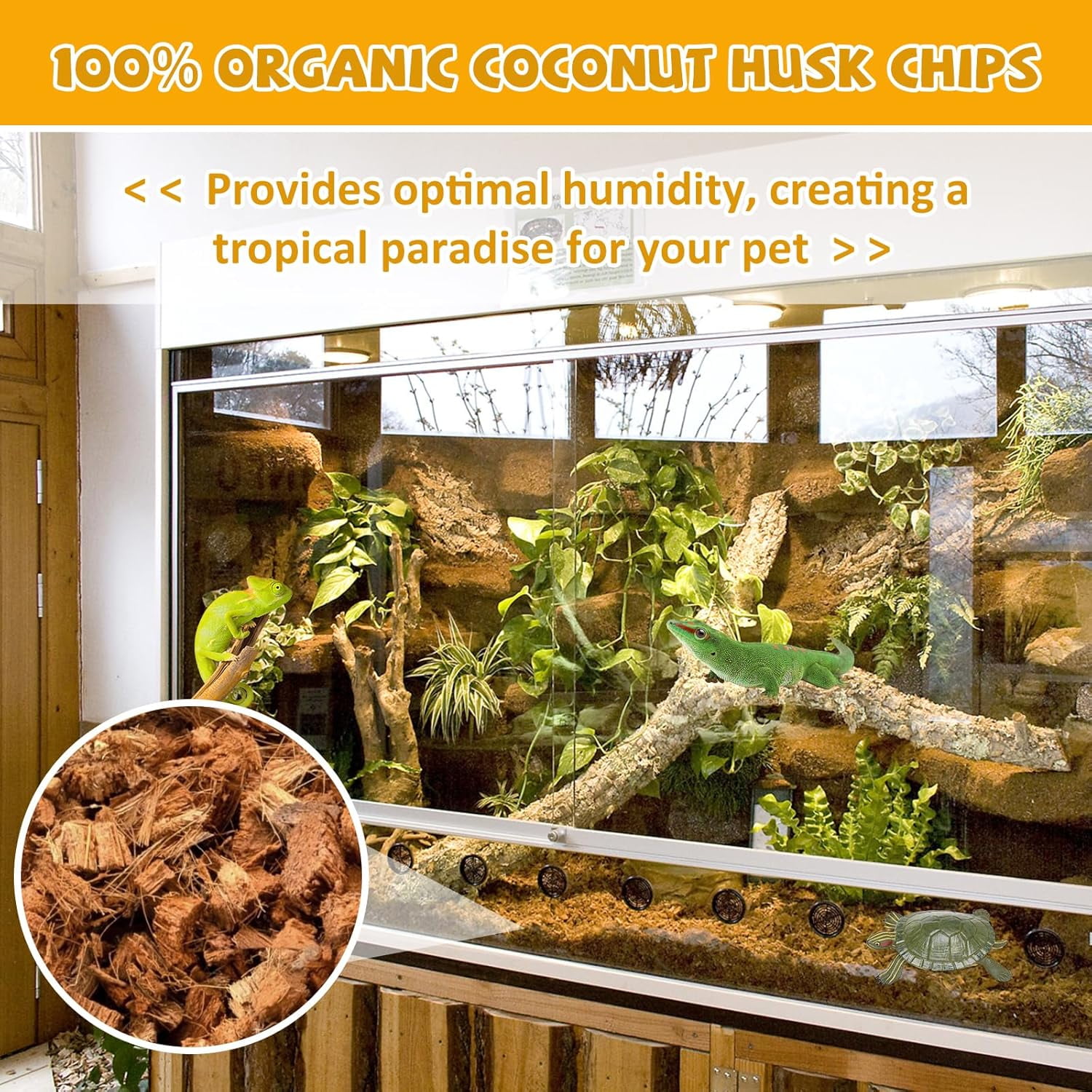 Coconut Chip Substrate for Reptiles, Natural Coco Husk Chip Reptiles Bedding, Compressed Coconut Chip Substrate for Snake, Tortoise, Ball Python, Gecko, Lizard Terrarium Tanks