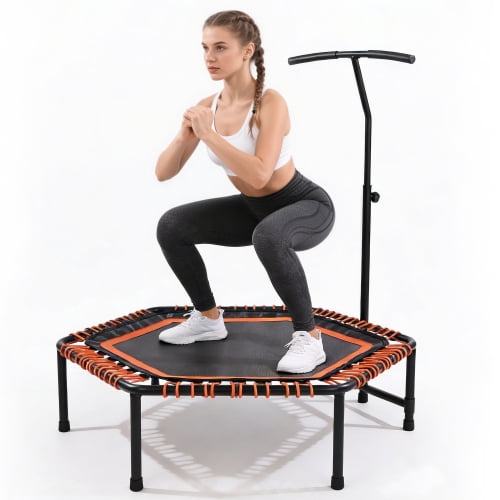 48" Mini Rebounder for Adults with Adjustable Handle Bar, Quiet Bungee Fitness Trampoline, 330lbs Capacity Indoor Outdoor Workout Equipment, Low Impact Cardio & Strength Training for Home Gym, Orange