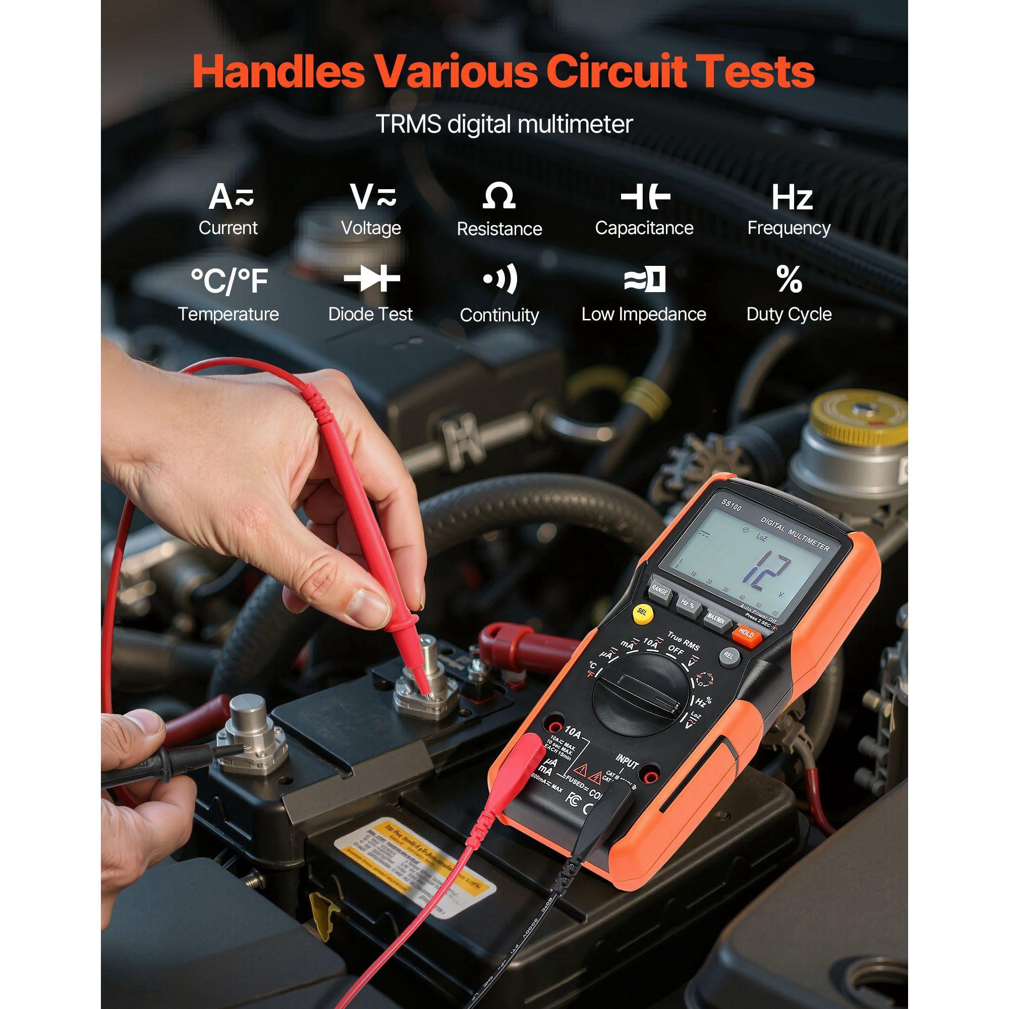 Digital Multimeter 6000 Count TRMS Auto Ranging DC AC Voltmeter Current Tester for Voltage Resistance Capacitance Temperature Diodes Continuity Low Impedance Measurement