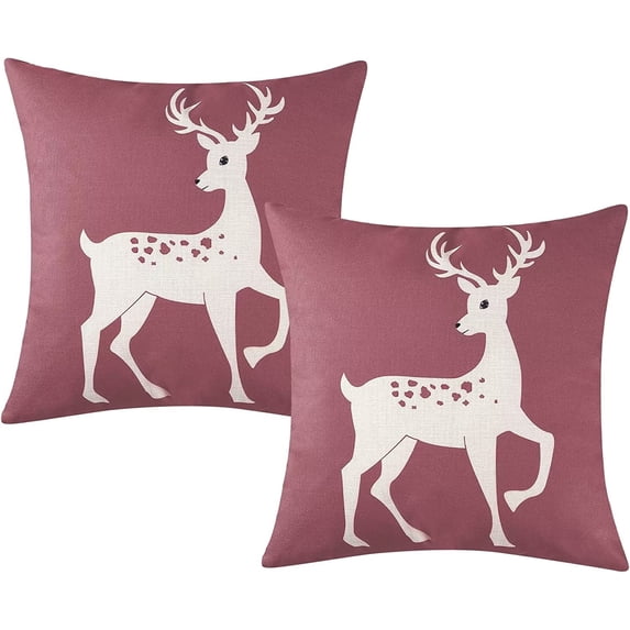 GlowSol Pink Decorative Pillow Covers 18"x18" Square Christmas Deer Rustic Xmas Pillow Case Winter Holiday Decorations Throw Cushion Case for Home Couch, Set of 2