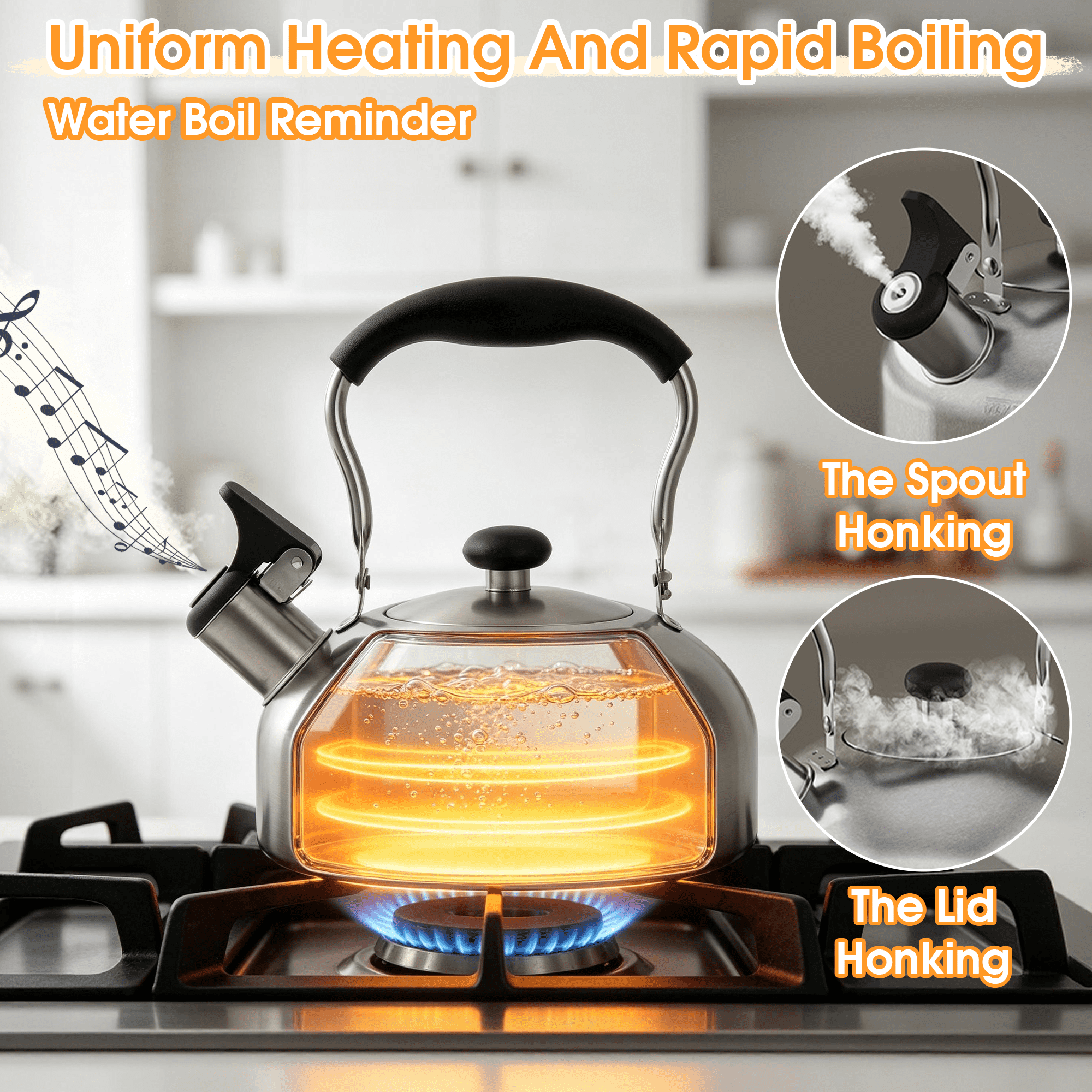 2L Stainless Steel Whistling Tea Kettle, Stovetop Water Kettle with Heat Resistant Handle, Dust-Proof Spout Stove Top Teapot for Gas & Induction Cooktops