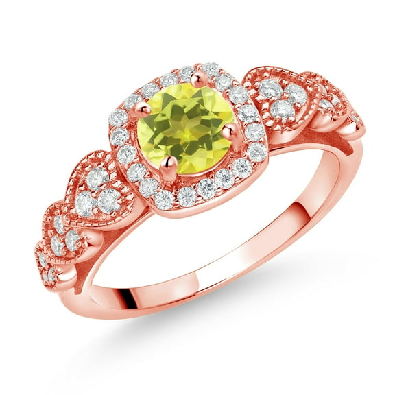 Gem Stone King 18K Rose Gold Plated Silver Canary Mystic Topaz and White Moissanite Engagement Ring for Women (1.38 Cttw, Round 6MM, Gemstone Birthstone, Size 7)