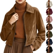 Jackets for Women Solid Color Long Sleeve Lapel Zipper Suede Casual Short Jacket with Lining