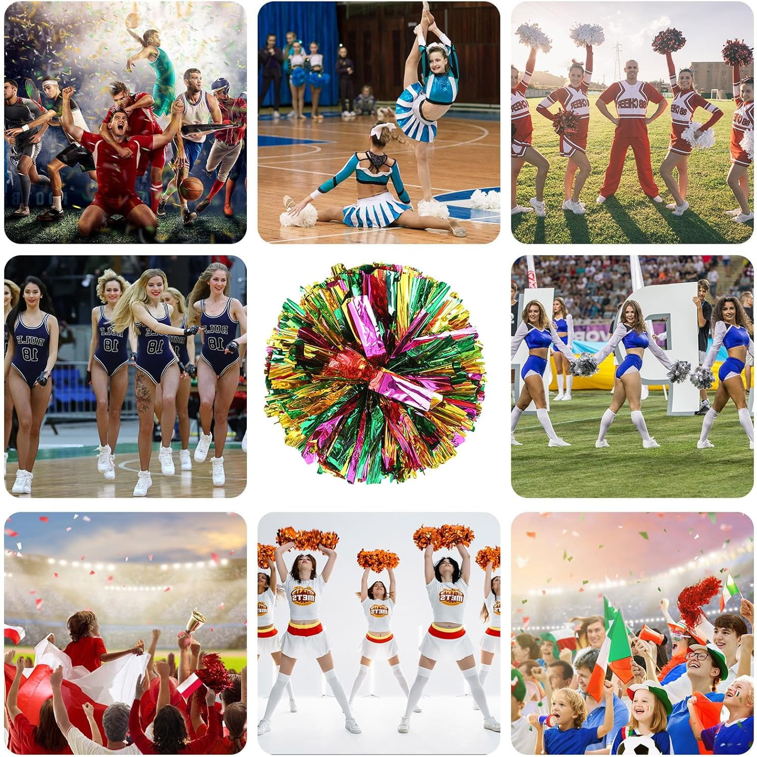 8 PCS Metallic Cheerleading Pom Pom for Team Spirit Sports Dance Cheering Kids Adults-Ring Style