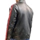 thumbnail image 3 of Chamarra de piel negra para caballero con líneas blanca y roja en mangas, una bolsa en pecho, dos bolsas en cintura y cuello de broche Castelli Leather Authentic Osvaldo Universitaria con líneas blanca y roja sobre las mangas, 3 of 4