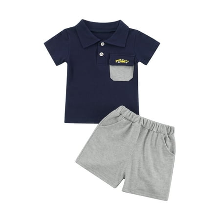 

Frobukio Toddler Baby Boys Summer Clothes Sets Short Sleeve Lapel Car Embroidered T-Shirt + Elastic Waist Shorts Dark Blue 2-3 Years