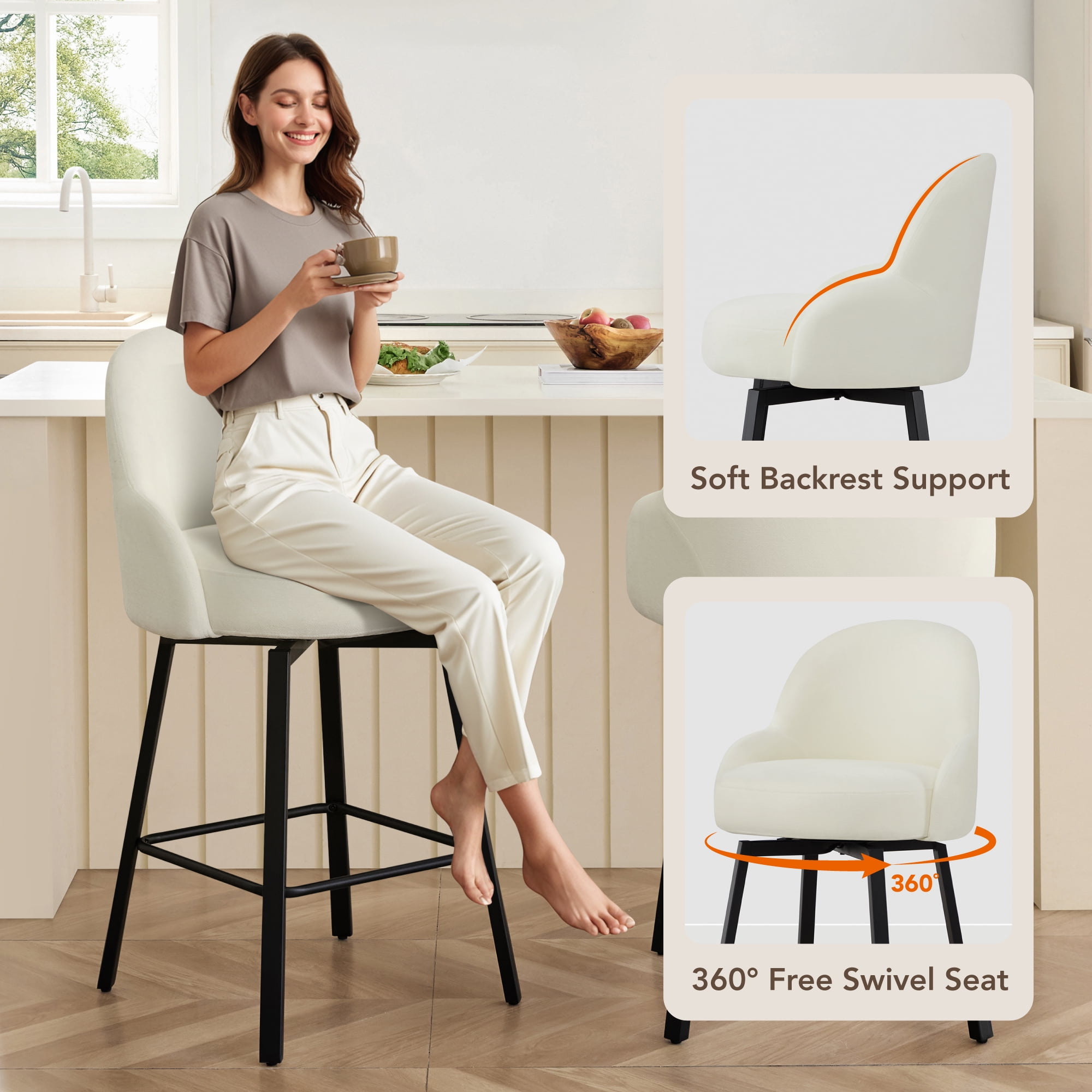 Spruce & Spring Counter Height Swivel Bar Stool with Upholstered Seat and Footrest Set of 2, Ivory