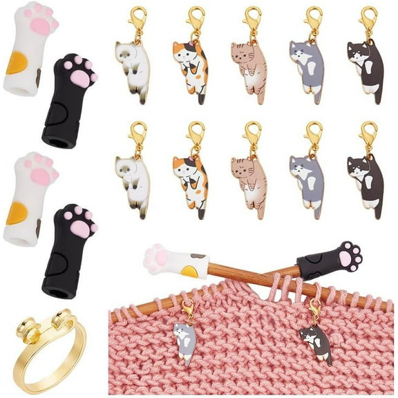 19 Pcs Knitting Accessories Kit Including 10 Pcs DIY Cat Locking Stitch Markers 8 Pcs Paw Print Knitting Needle Stoppers 1 Pc Yarn Guide Finger Holder for DIY Knitting Crafts Golden