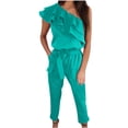 thumbnail image 2 of Usmixi Jumpsuits for Women Dressy Fashion One Shoulder Ruffle Layer Pocket Long Jumpsuits Overalls Summer Slash Neck Short Sleeve Solid Maxi Formal Rompers Green s, 2 of 7