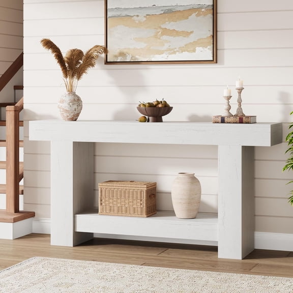 63 Inches Long Console Table for Entryway, Wood Farmhouse Console Table for Living Room, 2-Tier Large Sofa Table with Storage, Wooden Entryway Entry Table Extra Long Console Table, 2-Tier Large Sofa T